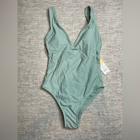 Kona Sol V Neck High Leg One Piece Swimsuit Size Small Sage Green Bathing Suit - Picture 1 of 7